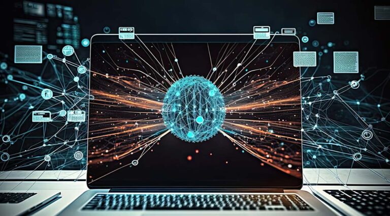 Un ordinateur portable affiche une sphère numérique bleue lumineuse avec des lignes et des points de données interconnectés, symbolisant la technologie et les réseaux de données au cœur du réseau, tandis que d'autres éléments d'interface numérique flottent autour de l'écran.