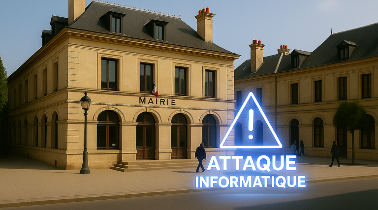 Une mairie française avec un panneau MAIRIE se tient derrière un symbole d'avertissement lumineux et le texte ATTAQUE INFORMATIQUE, mettant en évidence les cyberattaques contre les collectivités. Plusieurs personnes marchent à proximité, inconscientes de la menace numérique.